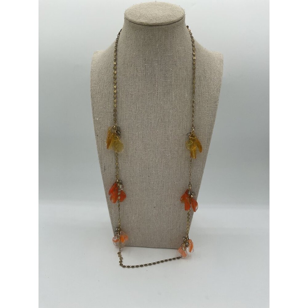 Vintage Gold Tone Necklace Orange Beads 15” Drop Lobster Clasp Closure
